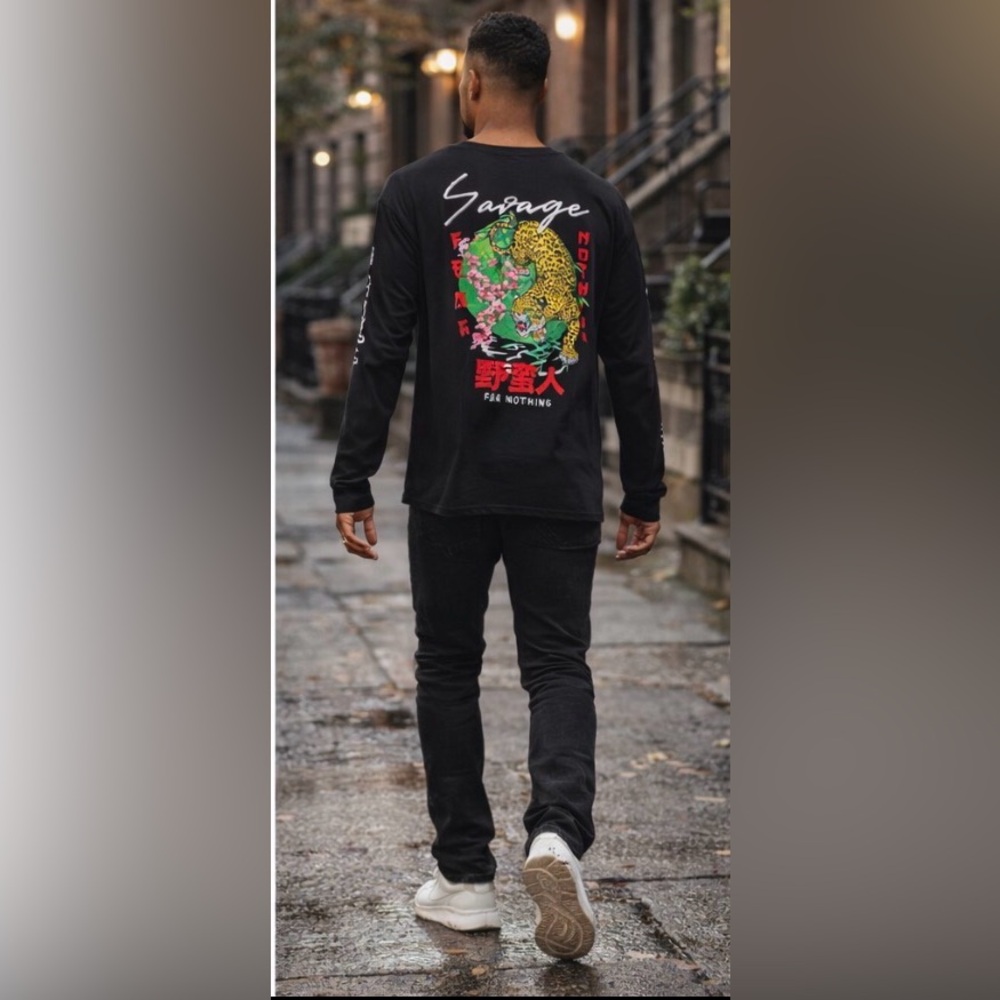 Fresh Laundry Tiger Graphic Long Sleeve Shirt Mens L Japanese Streetwear Black
